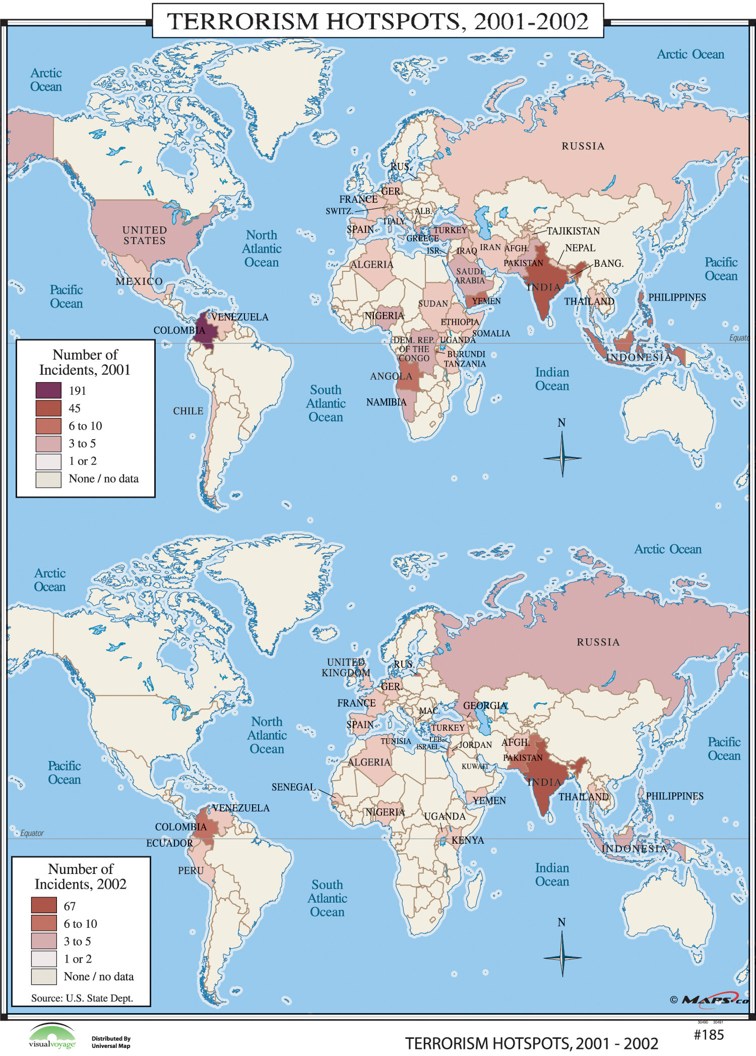 Universal Map World History Wall Maps Terrorism Hot Spots 2001 2002