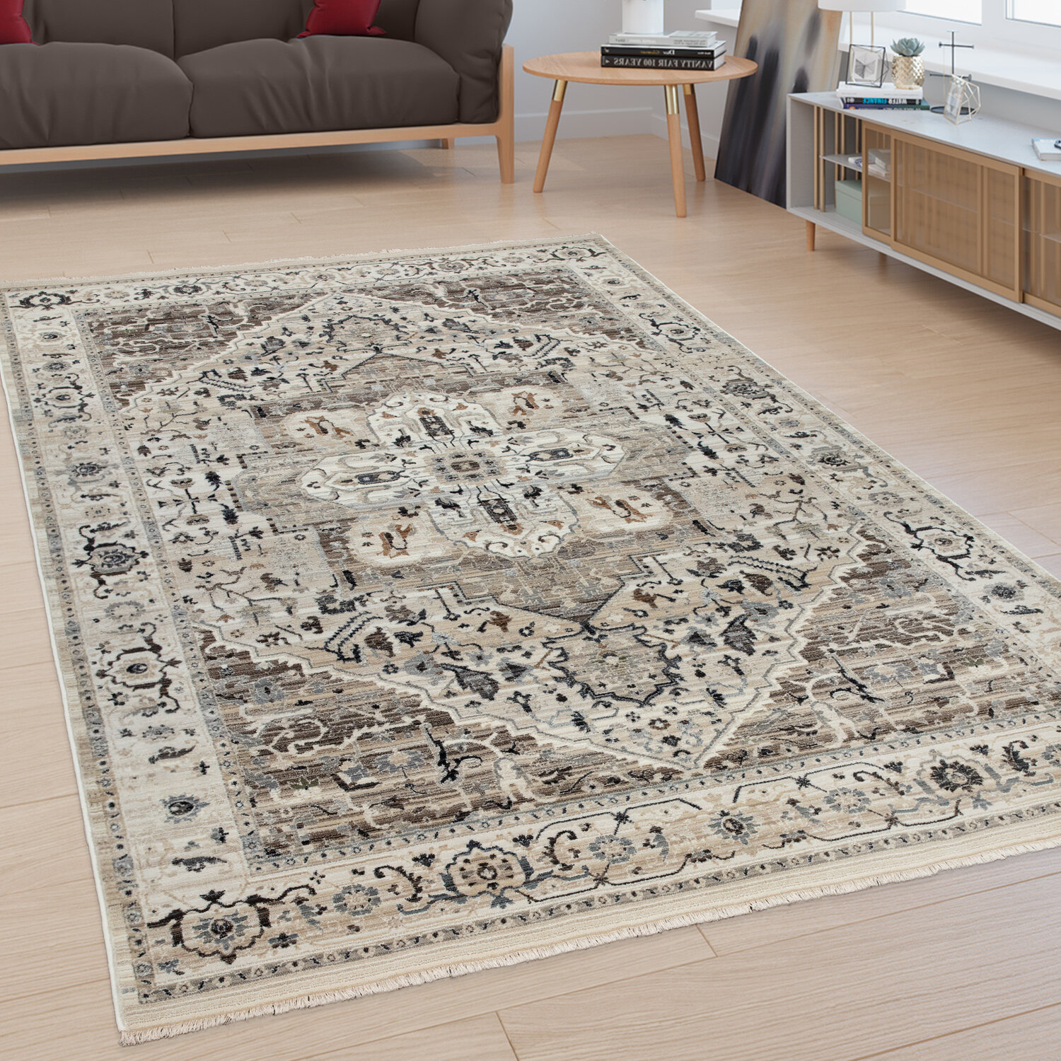 Latitude Vive Cooks Oriental Ornaments Border Power Loom Cream Grey Rug