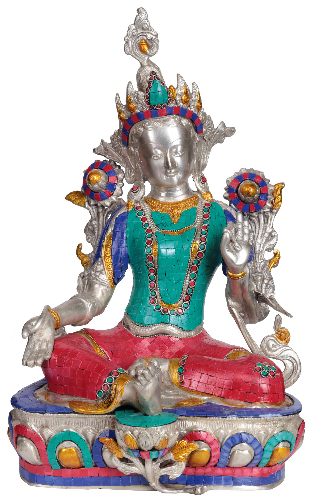 Exotic India Tibetan Buddhist Saviour Goddess Green Tara Inlay Statue