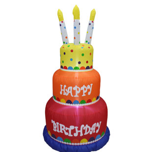 THE PARTY AISLE™ 6 Foot Tall Colorful Happy Birthday Inflatable Birthday Cake with Four Candles Built in LED Lights Indoor / Outdoor Blow Up Yard Decoration