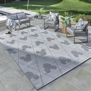 DISNEY BY GERTMENIAN Licensed Disney Mickey Mouse Gray Modern Argyle Indoor/Outdoor Flatweave Area Rug