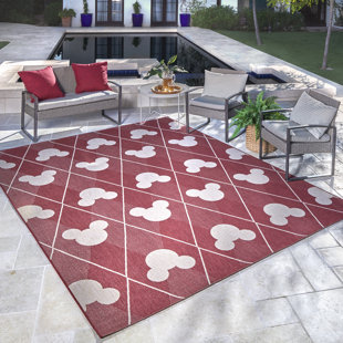 DISNEY BY GERTMENIAN Licensed Disney Mickey Mouse Red Modern Argyle Indoor/Outdoor Flatweave Area Rug