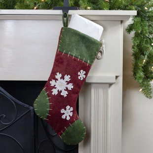 NORTHLIGHT SEASONAL 20" Green and Red Snowflake Applique Christmas Stocking with Blanket Stitching