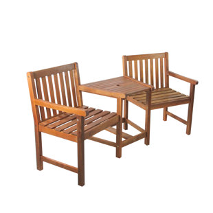 NORTHLIGHT SEASONAL 3-Piece Brown Acacia Wood Jack and Jill Chair with Table Outdoor Patio Set 70"