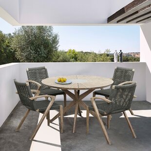 FOUNDRY SELECT Troxell Outdoor 5 Piece Wooden Legs and Concrete Dining Set With Arms Chairs