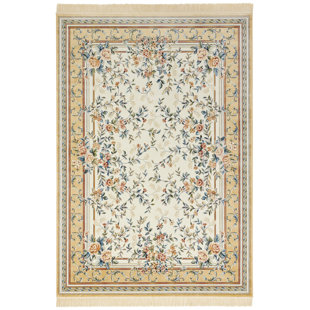 NOURISTAN Oriental Flowers Orient Teppich - Orientalischer Kurzflor mit Fransen für Wohnzimmer - Creme Cord