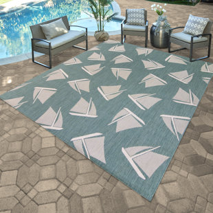 GERTMENIAN Paseo Bateau Nautical Sailboat Aqua Teal/Gray Flatweave Indoor/Outdoor Area Rug