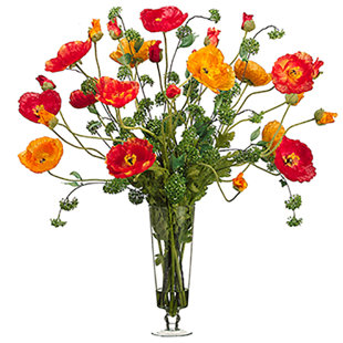 SILKSAREFOREVER 37"Hx39"W Large Poppy Silk Flower Arrangement -Orange/Red