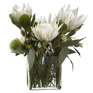 SILKSAREFOREVER 21"Hx21"W Protea, Rosemary & Wolly Silk Flower Arrangement -Cream/Green