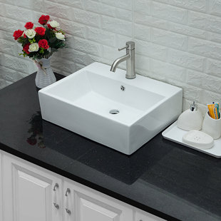 CHEETAH SOURCING White Ceramic Rectangular Vessel Bathroom Sink with Overflow