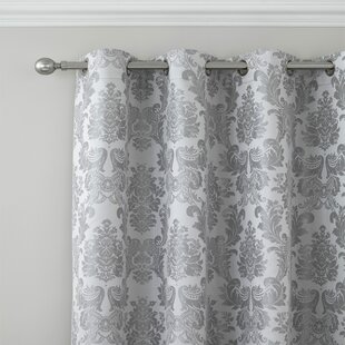 CATHERINE LANSFIELD Damask Jacquard Lined Eyelet Curtains Silver Grey (Set of 2)