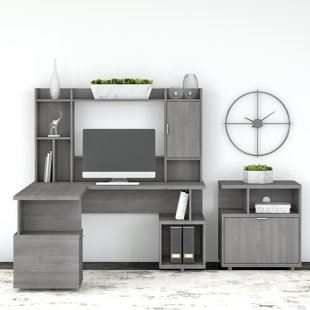 KATHY IRELAND HOME BY BUSH FURNITURE Madison Avenue 3 Solid Wood L-Shaped Writing Desk Office Set with Hutch