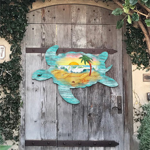 DESIGNOCRACY Turtle Scenic Beach Waves Wooden Decorative Door Hanger