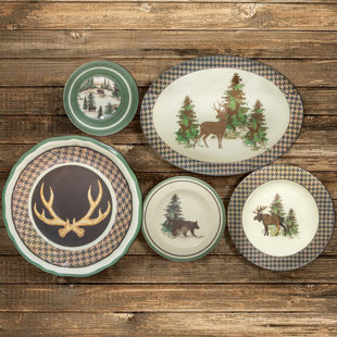 PASEO ROAD BY HIEND ACCENTS Joshua Melamine Plastic Forest Wildlife Print Lodge Western Style 14 Piece Dinnerware Set