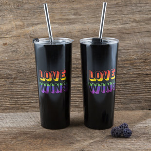 CAMBRIDGE SILVERSMITHS Love Wins 24 oz Double Wall Stainless Steel Travel Tumbler with Straw (Set of 2)
