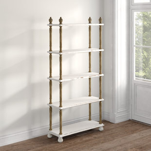 KELLY CLARKSON HOME Elodie White Wood Distressed Open 5 Shelf Shelving Unit with Brown Spindle Sides and Ball Feet