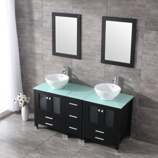 EBERN DESIGNS Nirvelli 60'' Free Standing Double Bathroom Vanity with Tempered Glass Top with Mirror