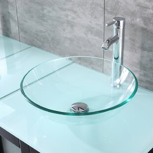 Wonline 16.3'' Clear Tempered Glass Circular Bathroom Sink with Faucet and Overflow