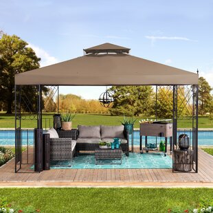 SUNJOY Parlay 10 ft. x 12 ft. Soft Top Gazebo with Khaki 2-Tier Canopy and Ceiling Hook