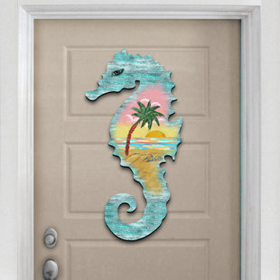 DESIGNOCRACY Seahorse Scenic Beach Sunset Wooden Decorative Door Hanger