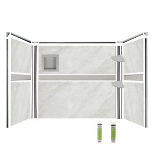 BELLA CORE Arctic Mist Poly Tub & Shower Surround with White Design Strip up to 48Dx96Wx96H