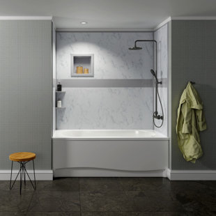 BELLA CORE White Carrara Tub and Shower Surround with Gray Design Strip and Accessories up to 48Dx96Wx48Dx96H
