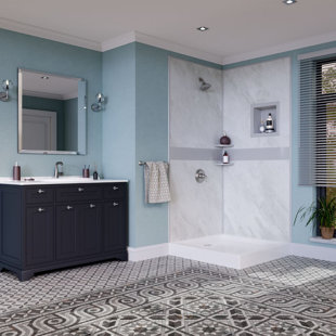 Bella CORE Arctic Mist 2 Wall Tub and Shower Surround with Gray Design Strip up to 48Dx48Wx96H