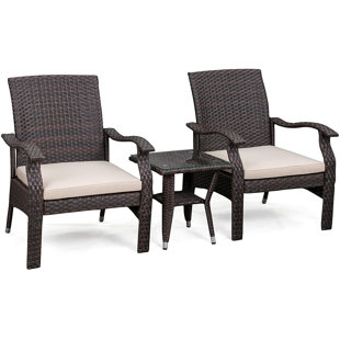 PATIOSENSE Miles Patio Sense 3 pc Wicker Set-Dark Brown-with 2 Chairs & Coffee End Table with Glass Top - Mocha Finsh