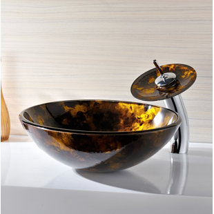 ANZZI Toa 16.5'' Kindled Amber Tempered Glass Circular Bathroom Sink with Faucet