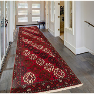 ECARPETGALLERY One-of-a-Kind Hand-Knotted 1980s Rizbaft Red 3'6" x 9'10" Runner Wool Area Rug