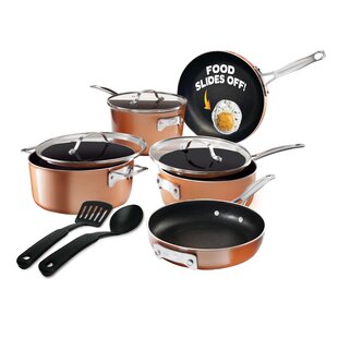 Gotham Steel Stackable Space Saving 10 Piece Aluminum Nonstick Cookware Set with Utensils