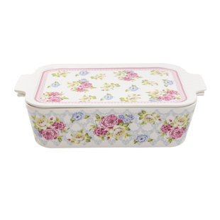 Grace's Tea Ware 2 Qt. Ceramic Rectangular Lattice Rose Garden Casserole with Lid