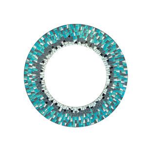 DOVECOVE Zorigs Mosaic Mirror, Wall Art Décor – Handcrafted Decorative Wall Mirror, Sky Blue and Teal Mosaic, 24” Frame, 14" Round Mirror for Hallway, Bedroom, Bathroom, Living Room