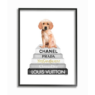 STUPELL INDUSTRIES Resting Puppy On Glam Fashion Icon Bookstack by Amanda Greenwood - Graphic Art Print on Wood