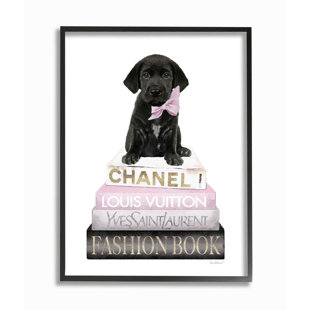 STUPELL INDUSTRIES Black Puppy With Pink Bow On Glam Book Stack On Wood by Amanda Greenwood Graphic Art