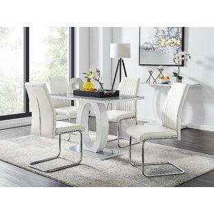 EAST URBAN HOME Scottsmoor Modern High Gloss Halo 4 Seater Dining Table Set with Luxury Faux Leather Dining Chairs