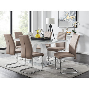 CANORA GREY Scottsmoor Modern High Gloss & Glass Dining Table with 6 Luxury Faux Leather Chairs