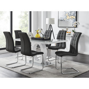 CANORA GREY Scottsmoor Modern High Gloss & Glass Dining Table Set - 6 Upholstered Faux Leather Dining Chairs