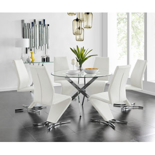 CANORA GREY Tierra Modern Chrome Metal & Glass Round Dining Table Set with 6 Modern Design Faux Leather Chairs