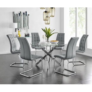 CANORA GREY Tierra Modern Chrome Metal & Glass Round Dining Table Set with 6 Modern Faux Leather Chairs