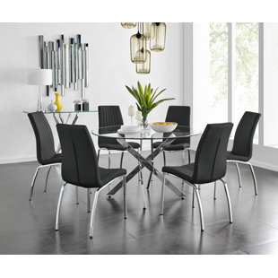 CANORA GREY Tierra Modern Chrome Metal & Glass Round Dining Table Set with 6 Soft Touch Faux Leather Chairs