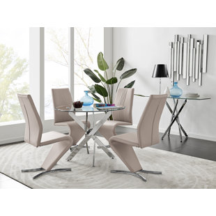 CANORA GREY Tierra Modern Chrome Metal & Glass Round Dining Table Set with 4 Modern Design Faux Leather Chairs