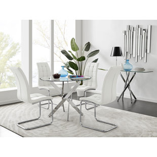 CANORA GREY Tierra Modern Chrome Metal & Glass Round Dining Table Set with 4 Modern Faux Leather Chairs