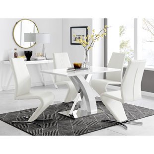 CANORA GREY Marietta Chrome Metal and White High Gloss Dining Table Set - 4 Luxury Modern Dining Chairs