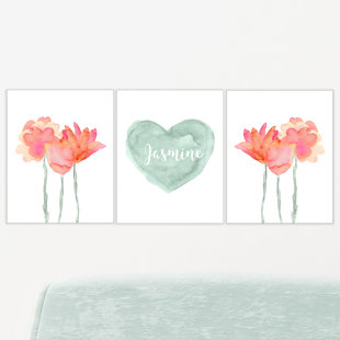 OUTSIDE IN ART STUDIO Girls Flowery Boho Bedroom Artwork 3- Piece Set Paper Print
