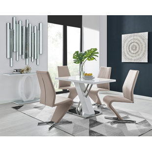 CANORA GREY Sorro Cross Luxury High Gloss & Chrome Dining Table Set with 4 Modern Design Faux Leather Chairs