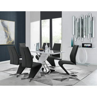 CANORA GREY Sorro Cross Luxury High Gloss & Chrome Dining Table Set with 6 Modern Design Faux Leather Chairs