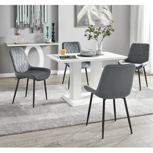 CANORA GREY Edzard Double Pedestal High Gloss Dining Table Set with 4 Luxury Velvet Dining Chairs