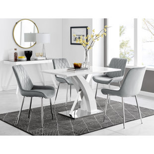 CANORA GREY Marietta Chrome Metal & White High Gloss Dining Table Set - 4 Luxury Velvet Dining Chairs