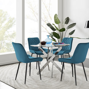CANORA GREY Tierra Modern Chrome Metal & Glass Round Dining Table Set with 4 Luxury Velvet Dining Chairs